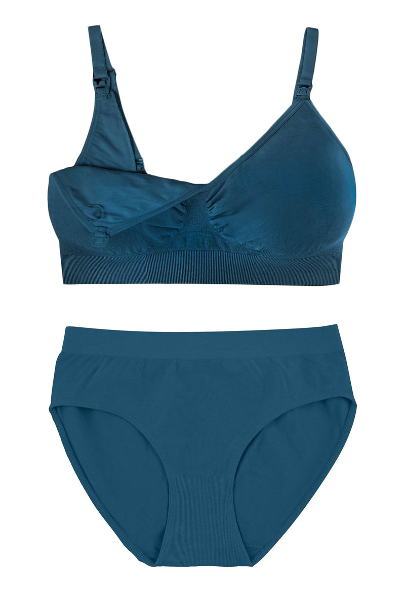 Blue Bamboo Nursing Bra + High Cut Undies Set With FREE Eco-Friendly Reusable Nursing Pads