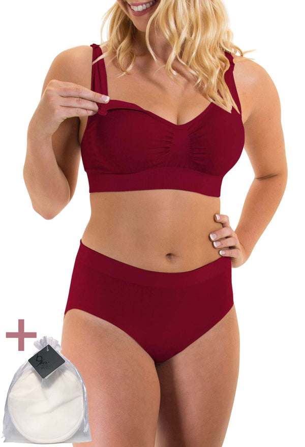 Red Bamboo Nursing Bra + High Cut Undies Set With FREE Eco-Friendly Reusable Nursing Pads