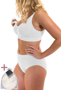 White Bamboo Nursing Bra + High Cut Undies Set With FREE Eco-Friendly Reusable Nursing Pads