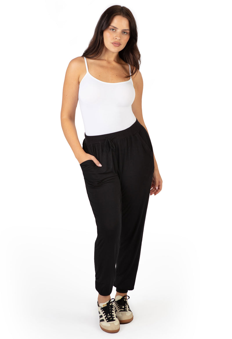 Where to buy bamboo travel pants. Lightweight bamboo black travel pants for women, perfect for work or travel