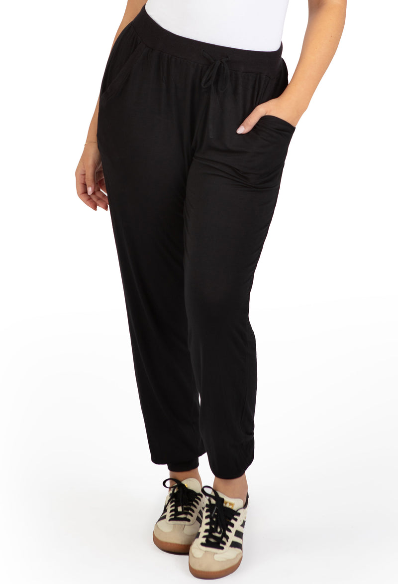 Eco-friendly bamboo travel pants in black, designed for comfort and style Best bamboo pants for travel