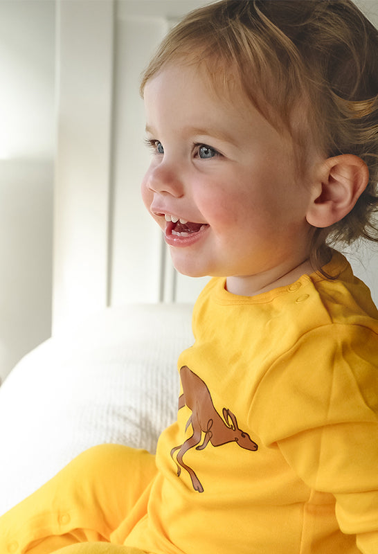 100% Organic Cotton Baby Snap Button Sleepsuit with Booties - 4 Pack - Khaki, Yellow, Red & Navy Aussie Animals