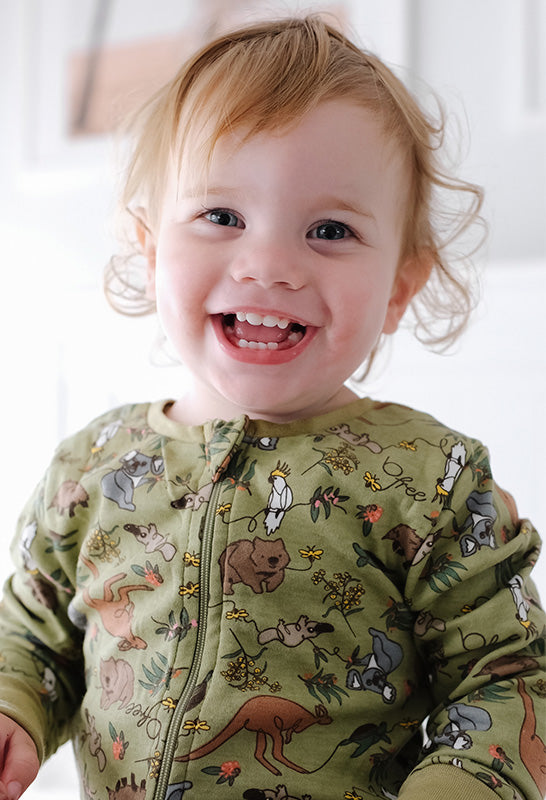 100% Organic Cotton 2-Way Zip Baby Sleepsuit with Foldable Mitts - Khaki Native Aussie Animals