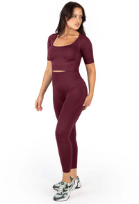 Square Neck Short Sleeve Crop Top and High Waist Full Length Leggings