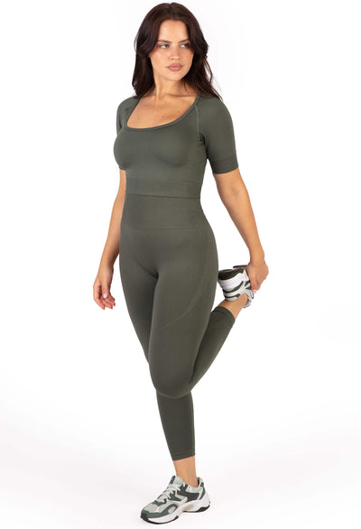 Square Neck Short Sleeve Crop Top and High Waist Full Length Leggings