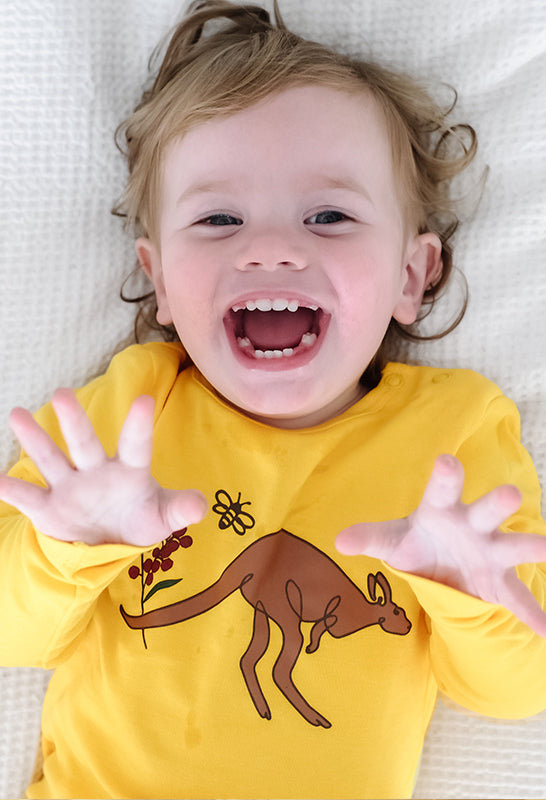 100% Organic Cotton Baby Snap Button Sleepsuit with Booties - 4 Pack - Khaki, Yellow, Red & Navy Aussie Animals