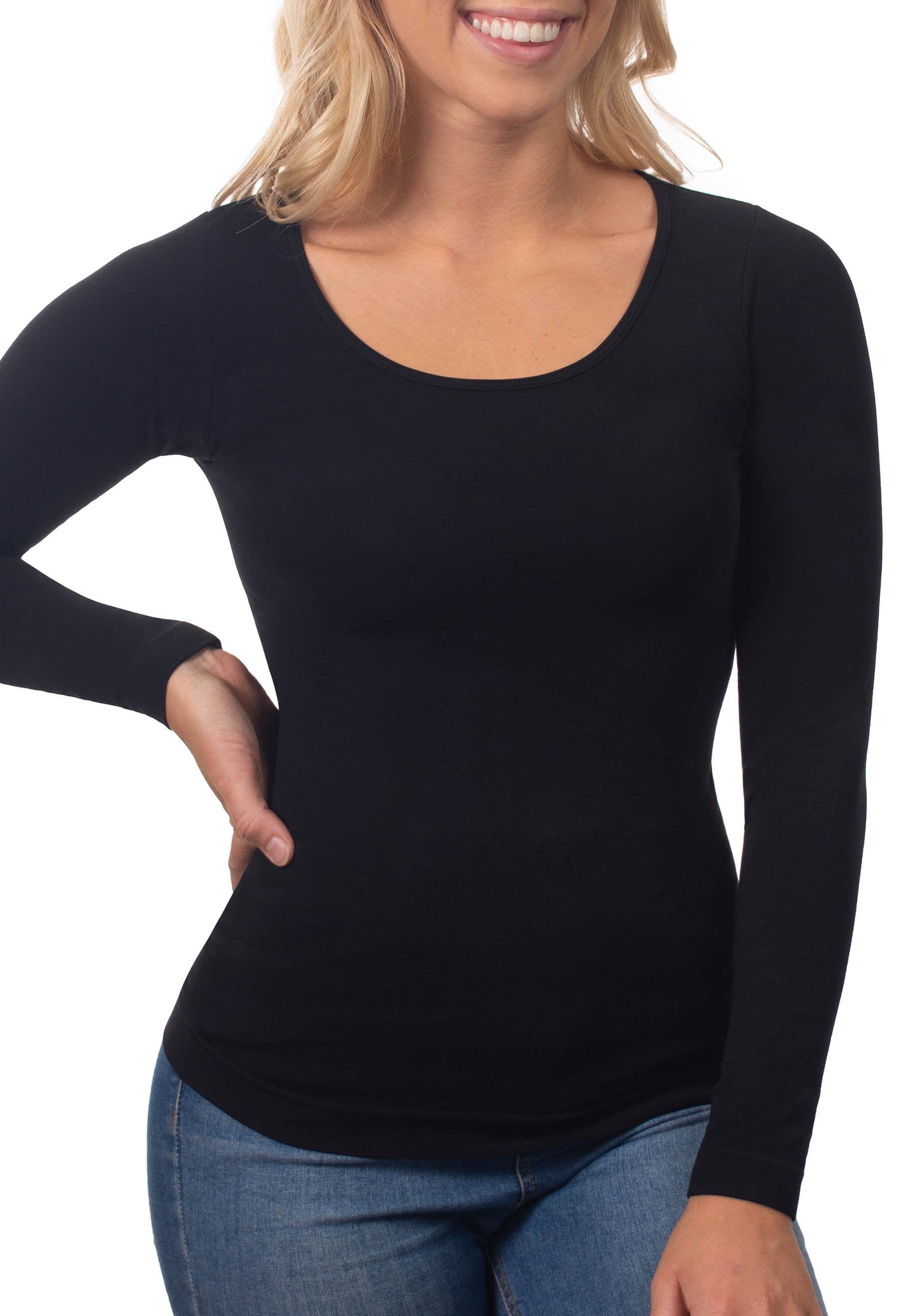 women's long sleeve top in ultra-soft bamboo rich fabrication wardrobe staple seamless construction prevents any irritation