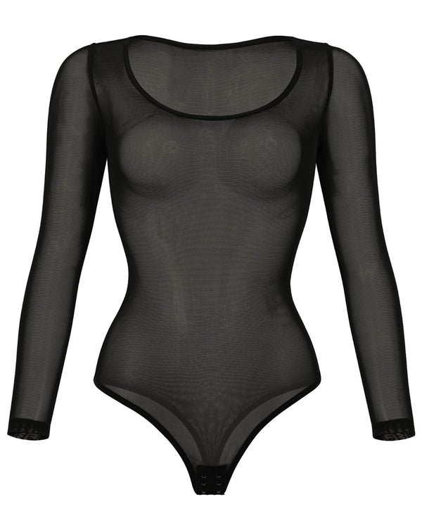 Powermesh Control Sheer Long Sleeve Thong Bodysuit