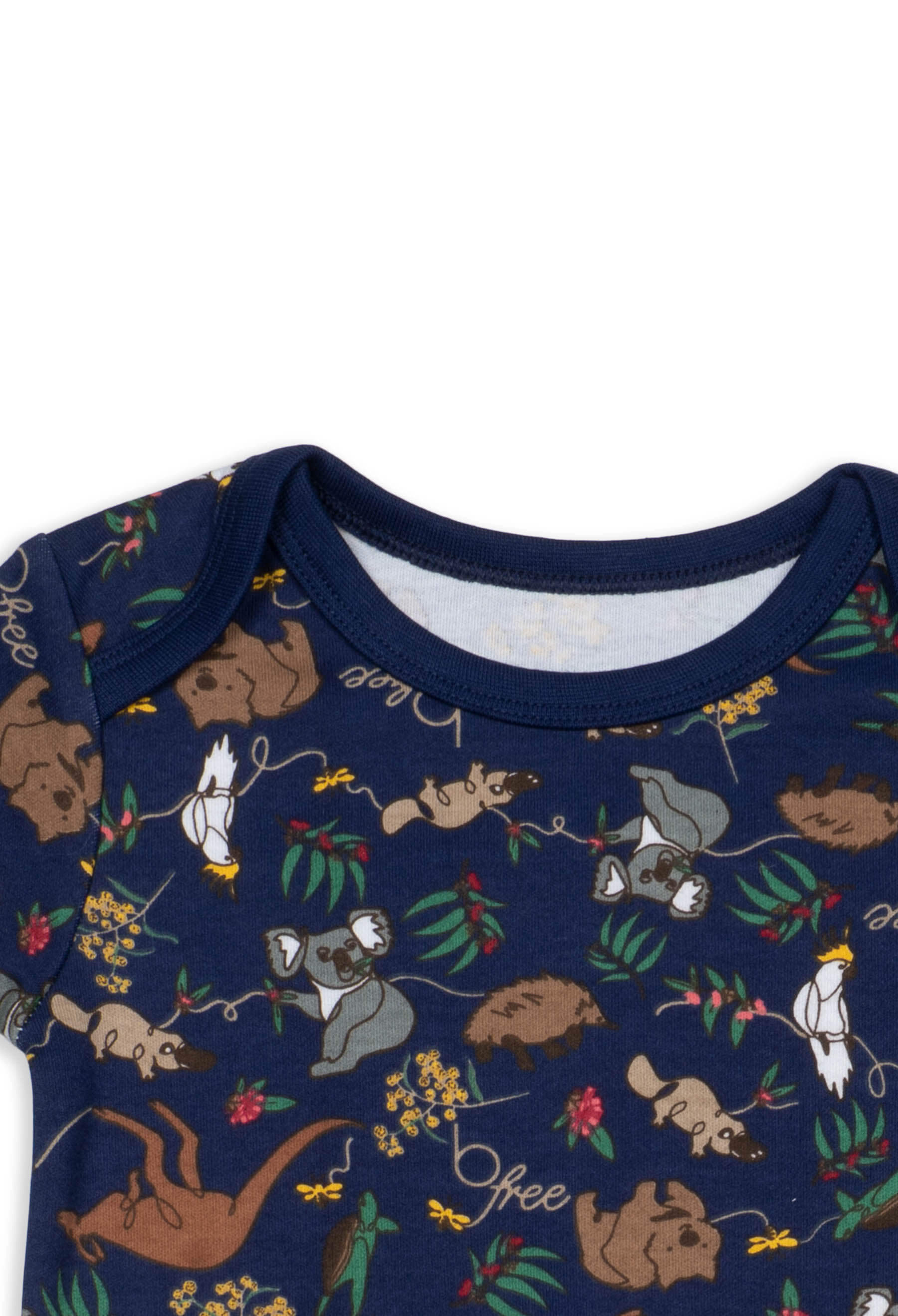 100% Organic Cotton Short Sleeve Baby Bodysuit - Navy Native Aussie Animals