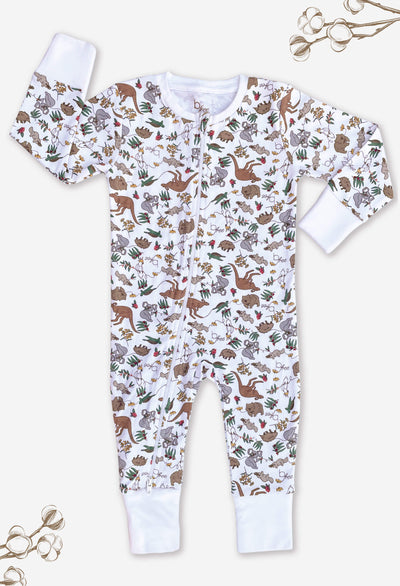 2-Way Zip Baby Sleepsuit with Foldable Mitts - 100% Organic Cotton - Native Aussie Animals