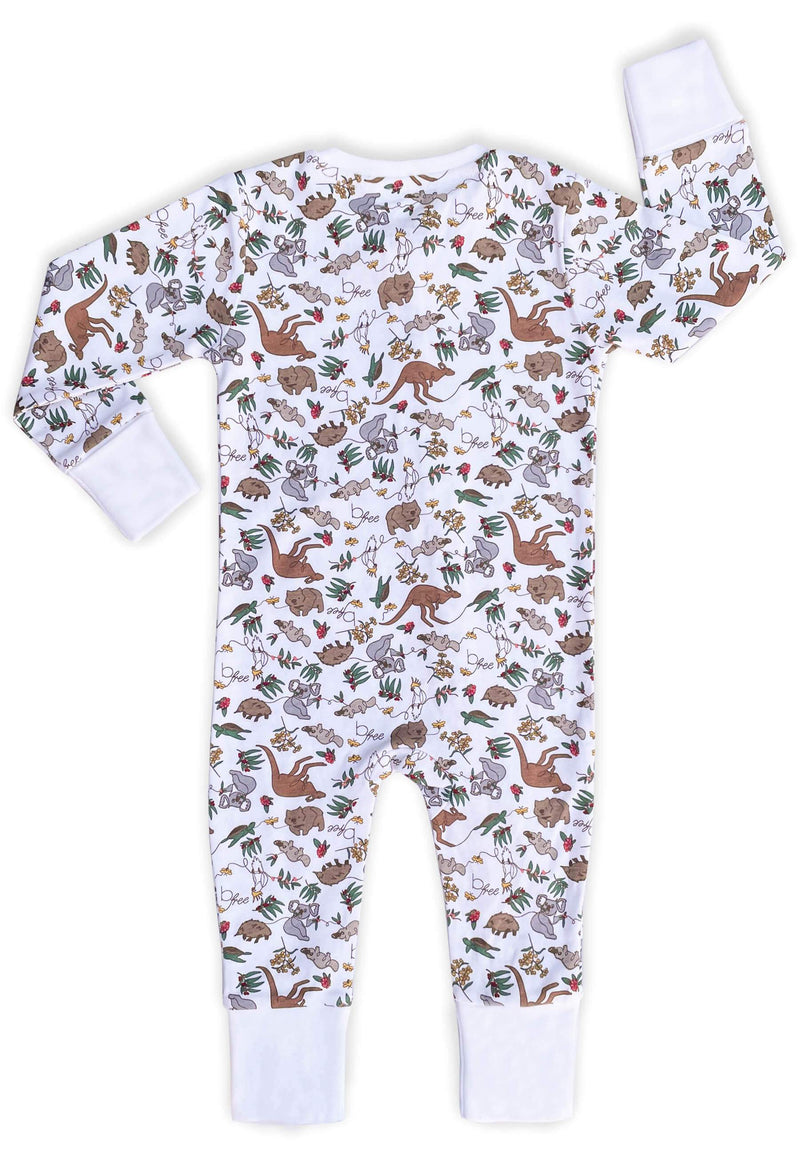 2-Way Zip Baby Sleepsuit with Foldable Mitts - 100% Organic Cotton - Native Aussie Animals