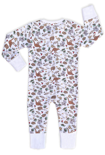 100% Organic Cotton 2-Way Zip Baby Sleepsuit with Foldable Mitts - Native Aussie Animals