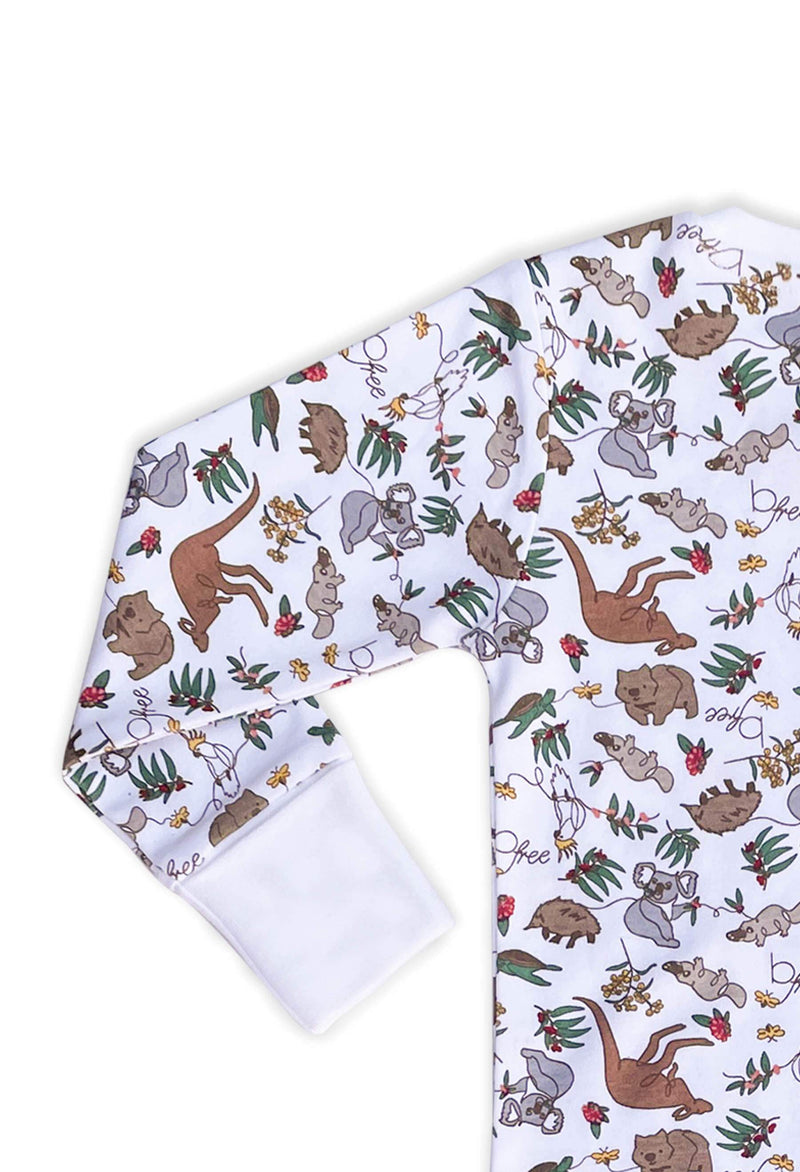 100% Organic Cotton 2-Way Zip Baby Sleepsuit with Foldable Mitts - Native Aussie Animals