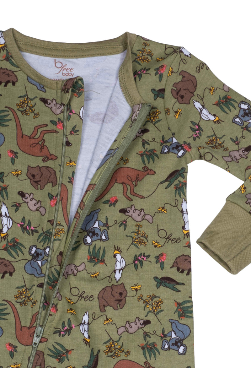 100% Organic Cotton 2-Way Zip Baby Sleepsuit with Foldable Mitts - Khaki Native Aussie Animals