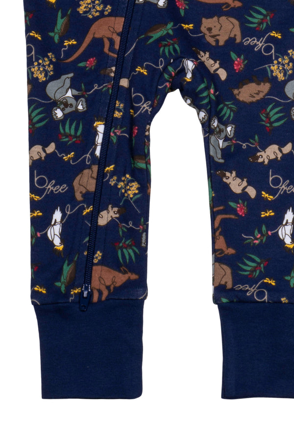 100% Organic Cotton 2-Way Zip Baby Sleepsuit with Foldable Mitts - Navy Native Aussie Animals