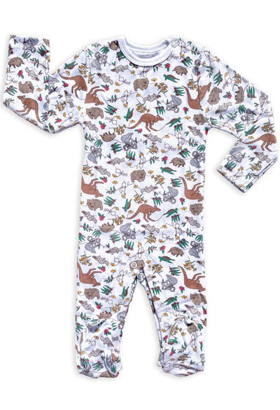 Baby Snap Button Sleepsuit with Booties - 100% Organic Cotton - Native Aussie Animals