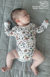 Long Sleeve Baby Bodysuit - 100% Organic Cotton - Native Aussie Animals