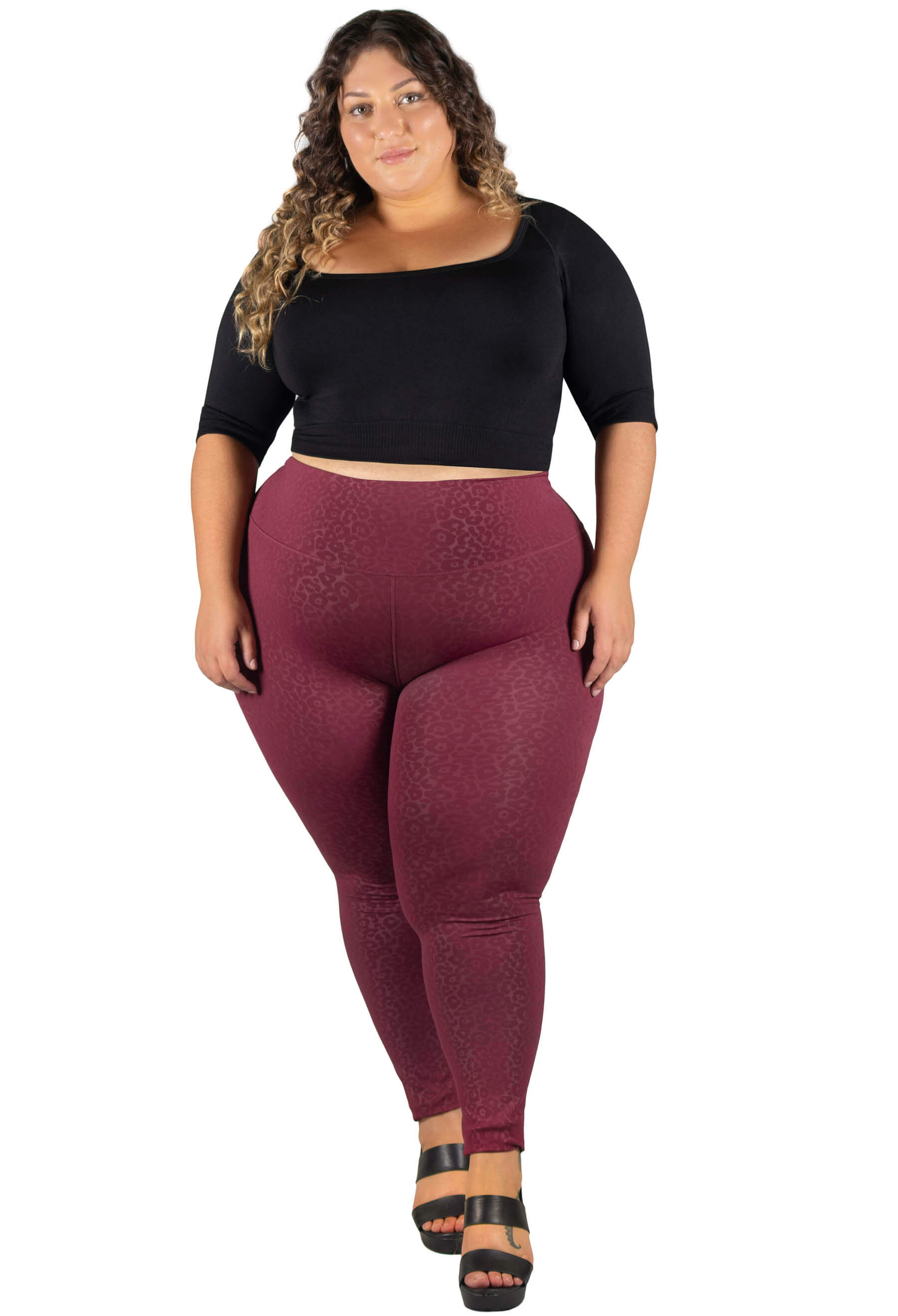 Plus Size High Waisted Burgundy Leopard Print Leggings