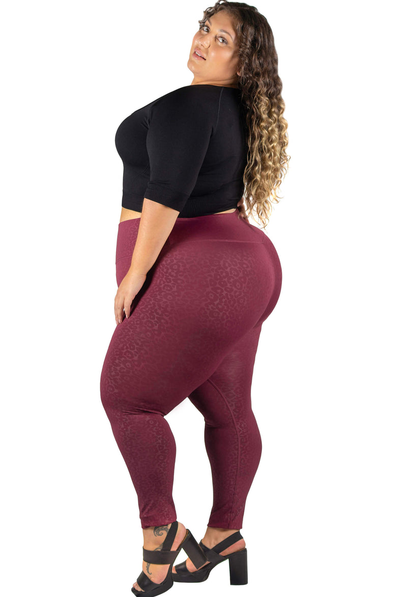 Plus Size High Waisted Burgundy Leopard Print Leggings