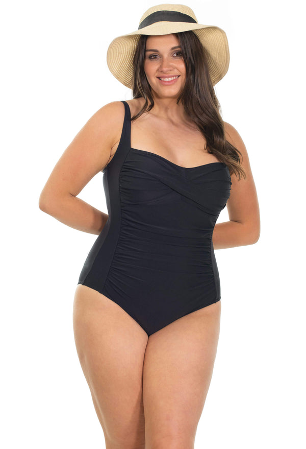 One-Piece Black Swimsuit with Ruched Bust